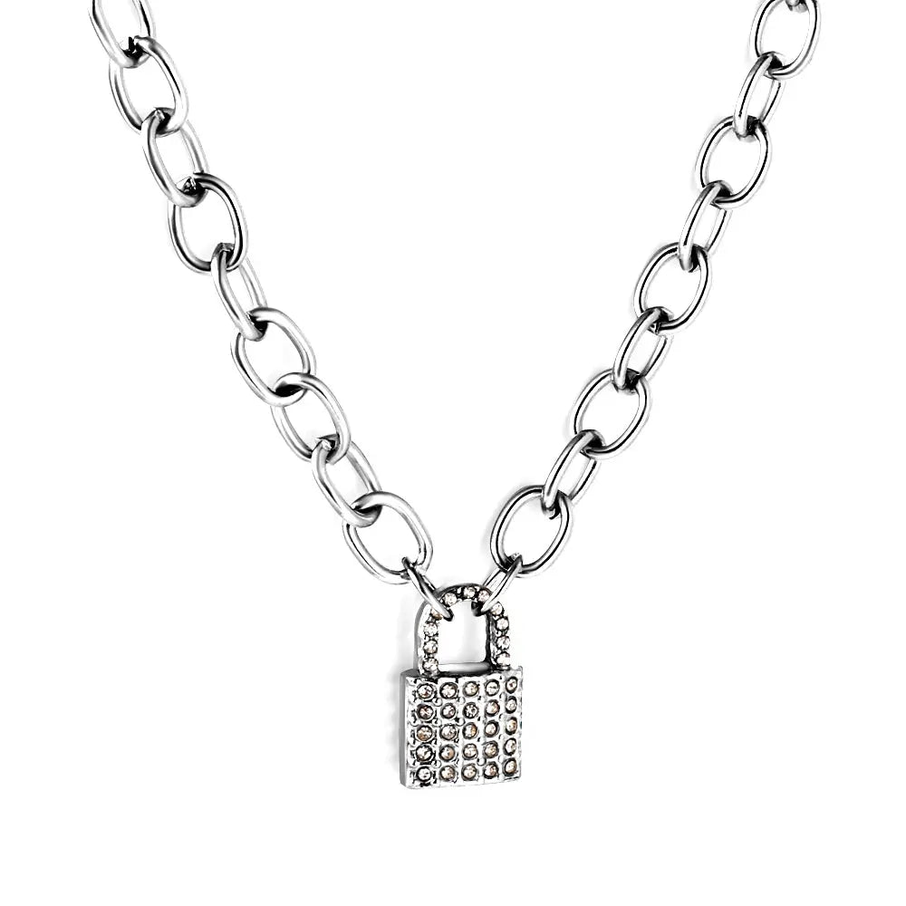 Stainless Steel Lock Accessory With Diamond Necklace asonjewelry